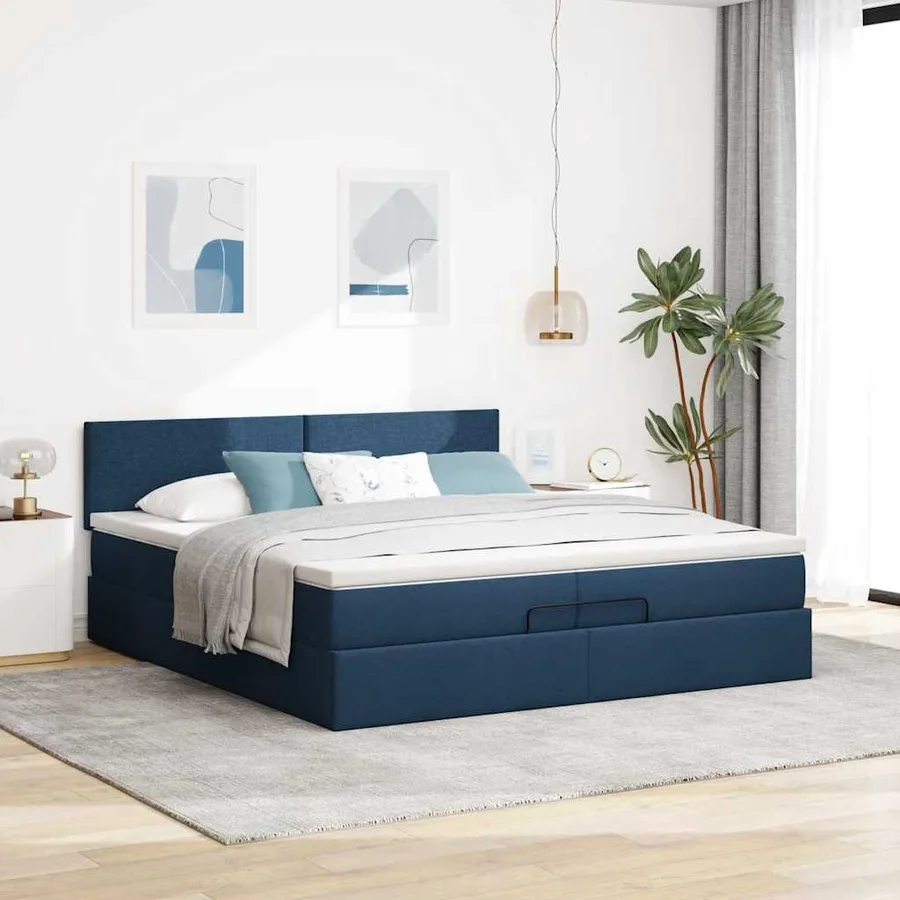 Cadre de lit ottoman avec matelas bleu 200x200cm tissu - 4