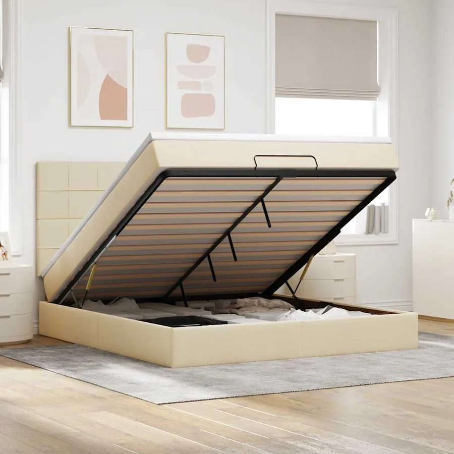 Cadre de lit ottoman avec matelas crème 180x200 cm tissu