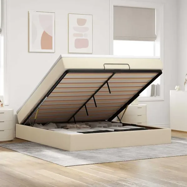 Cadre de lit ottoman avec matelas crème 180x200 cm tissu