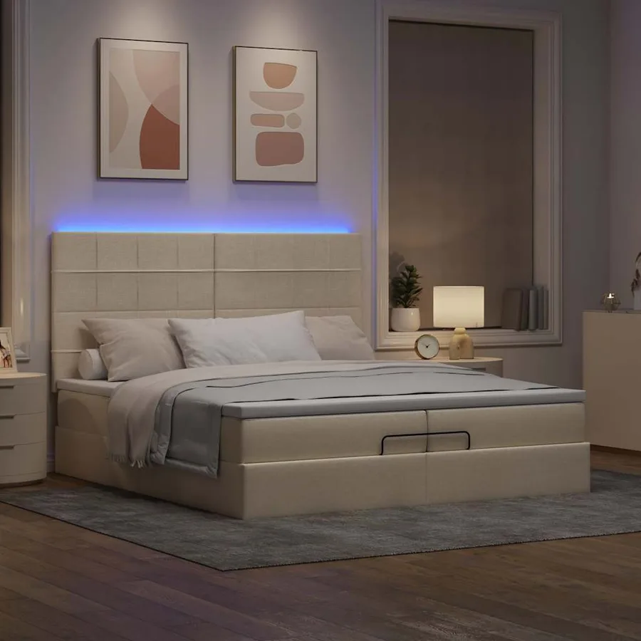 Cadre de lit ottoman avec matelas crème 200x200cm tissu - 3