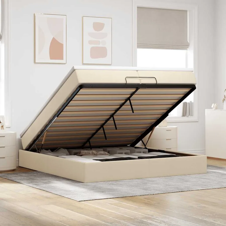 Cadre de lit ottoman avec matelas crème 200x200cm tissu