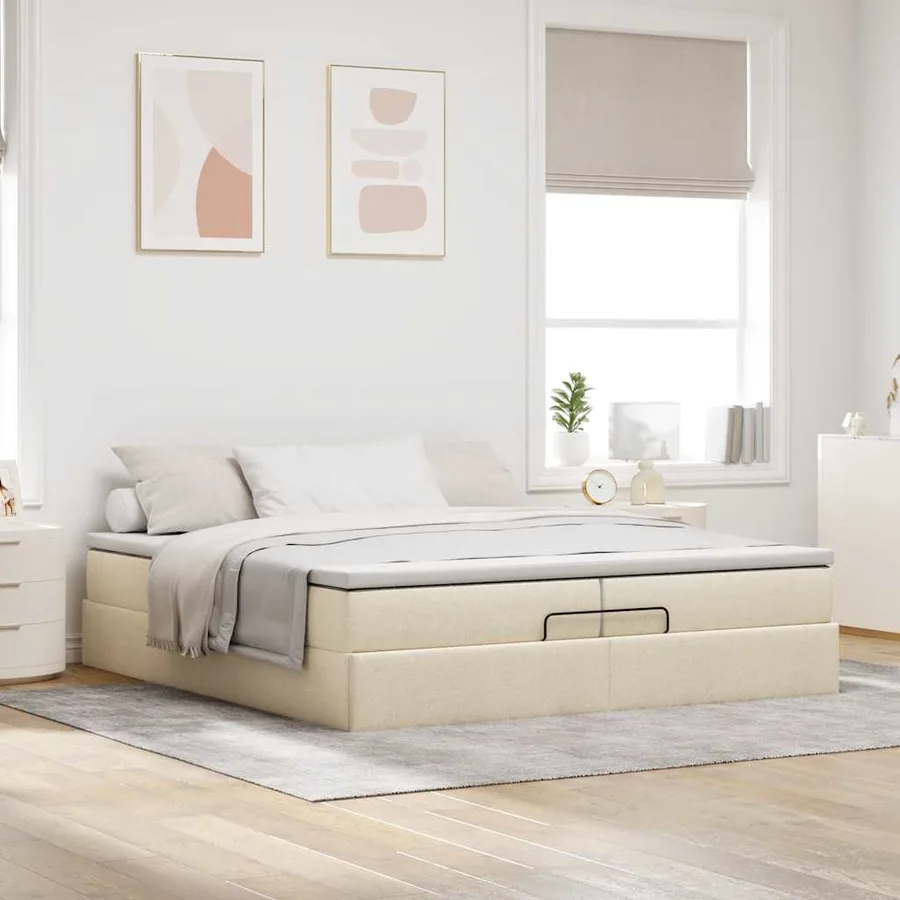 Cadre de lit ottoman avec matelas crème 200x200cm tissu - 3