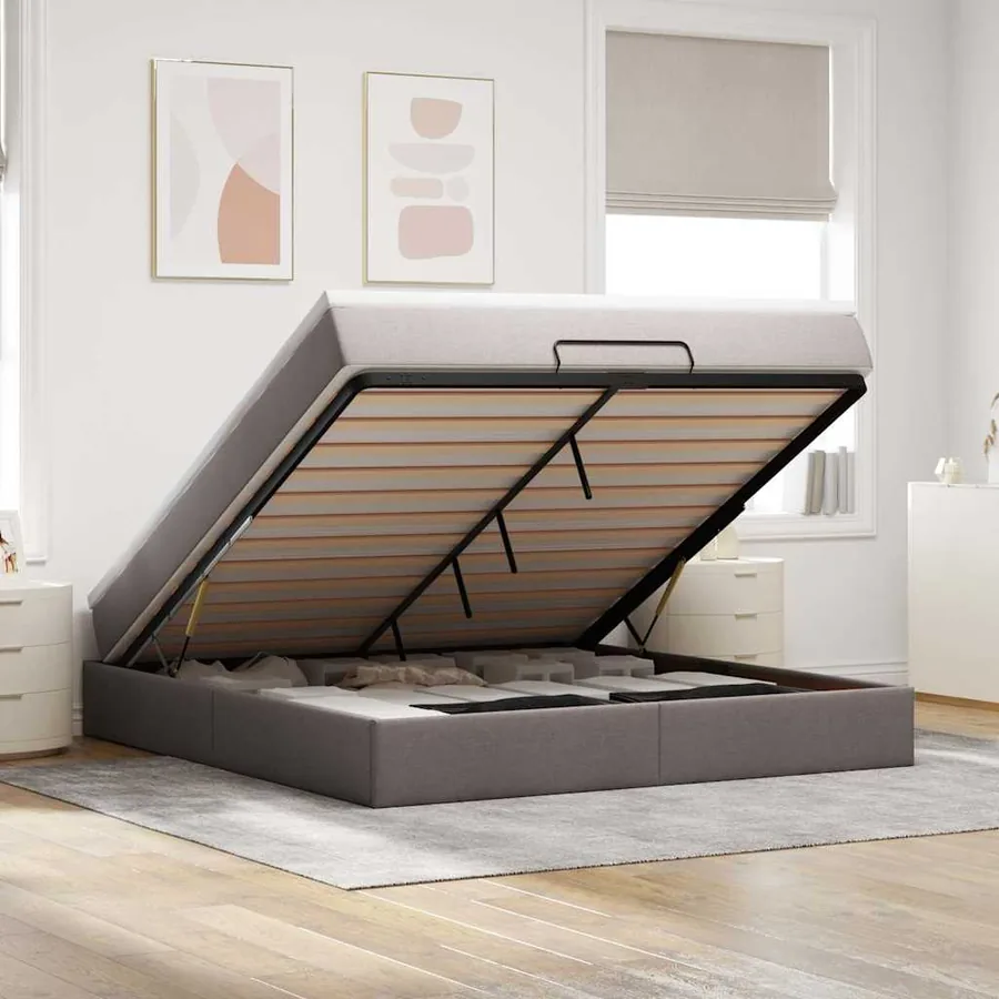 Cadre de lit ottoman avec matelas taupe 160x200 cm tissu