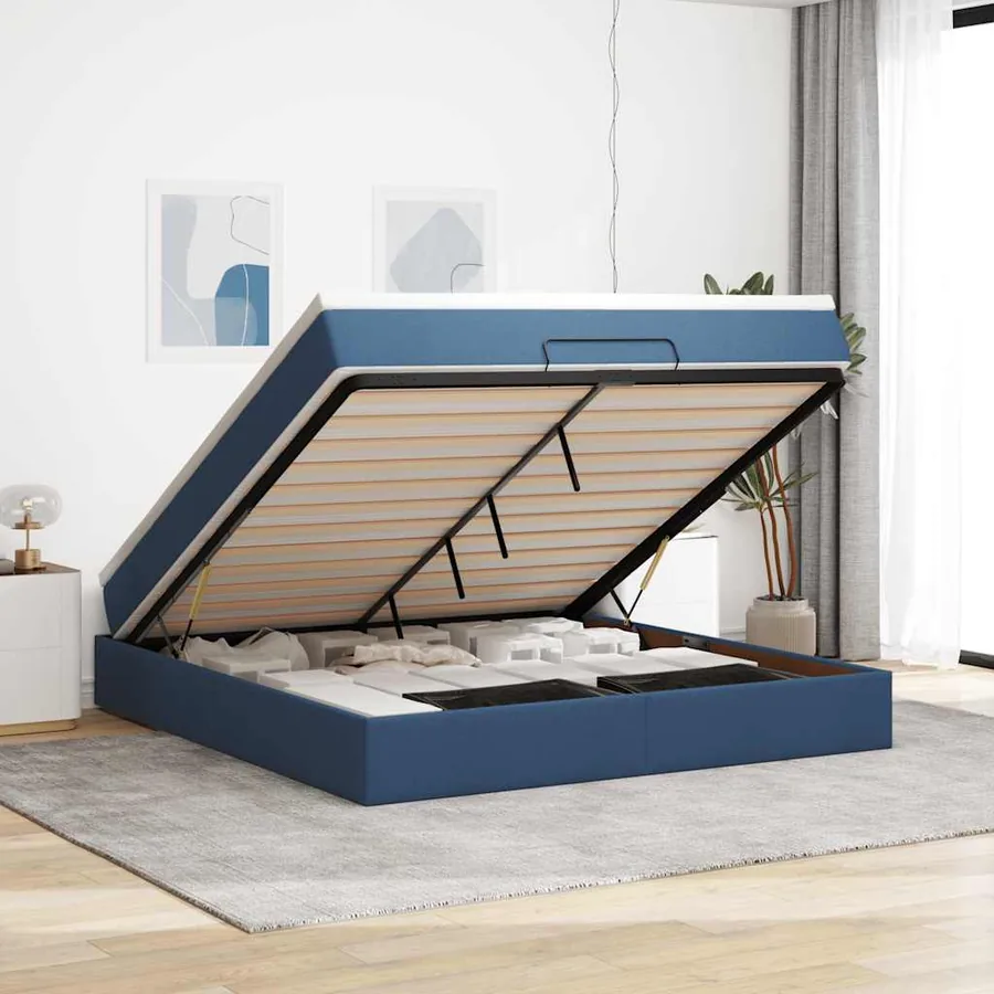Cadre de lit ottoman avec matelas bleu 160x200 cm tissu
