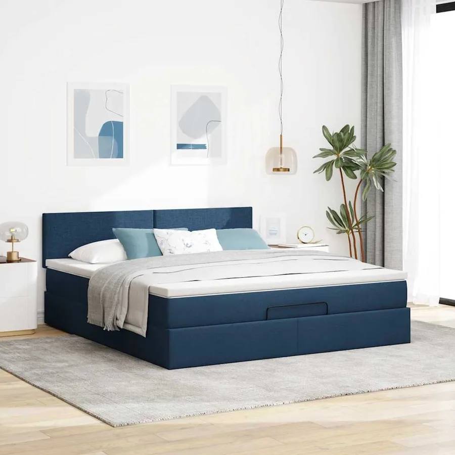 Cadre de lit ottoman avec matelas bleu 180x200 cm tissu - 3