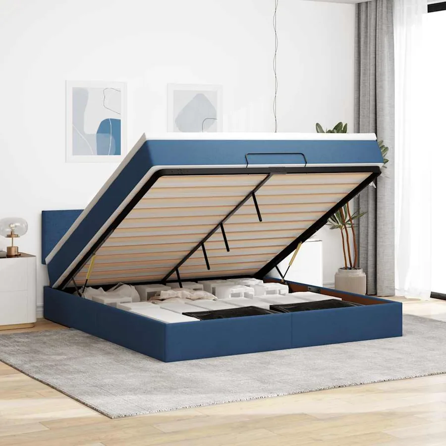 Lit ottoman avec matelas et LED bleu 180x200cm tissu