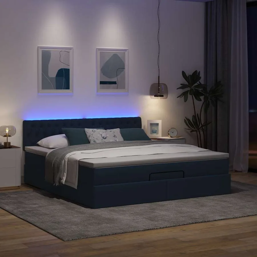 Lit ottoman avec matelas et LED bleu 180x200cm tissu - 3