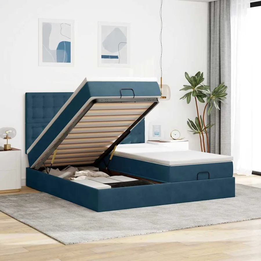 Cadre de lit ottoman avec matelas bleu foncé 200x200 cm velours