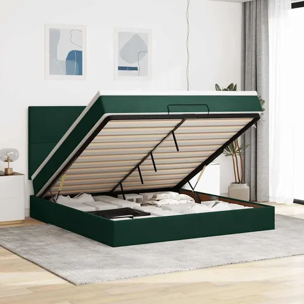 Cadre de lit ottoman avec matelas vert foncé 180x200cm velours