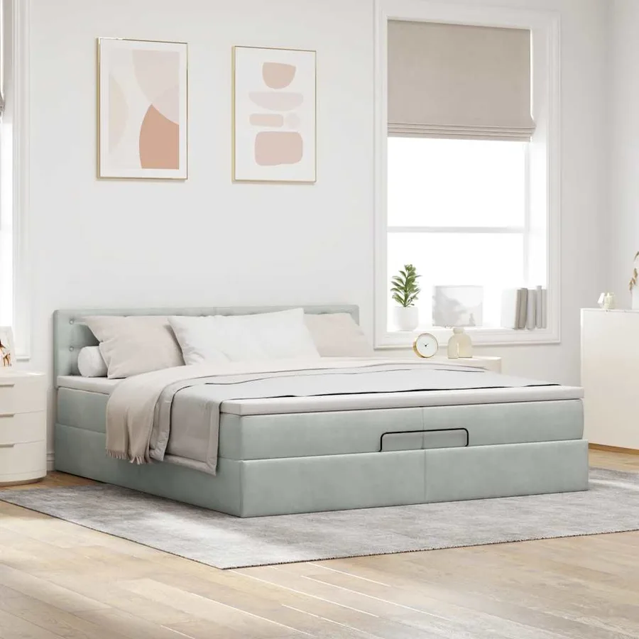 Cadre de lit ottoman avec matelas gris clair 200x200 cm velours - 3