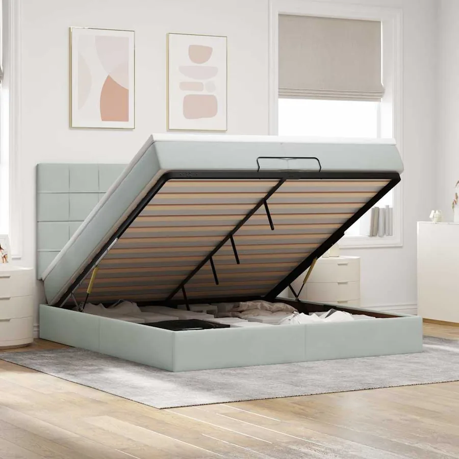 Cadre de lit ottoman avec matelas gris clair 200x200 cm velours