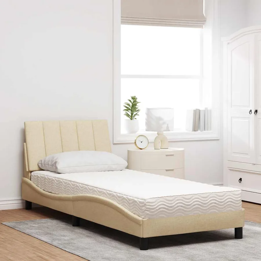 Lit avec matelas Hanko crème 90x200 cm tissu - 3