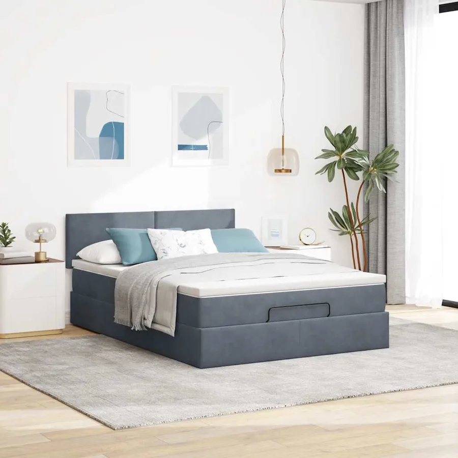Cadre de lit ottoman avec matelas gris foncé 140x200 cm velours - 3