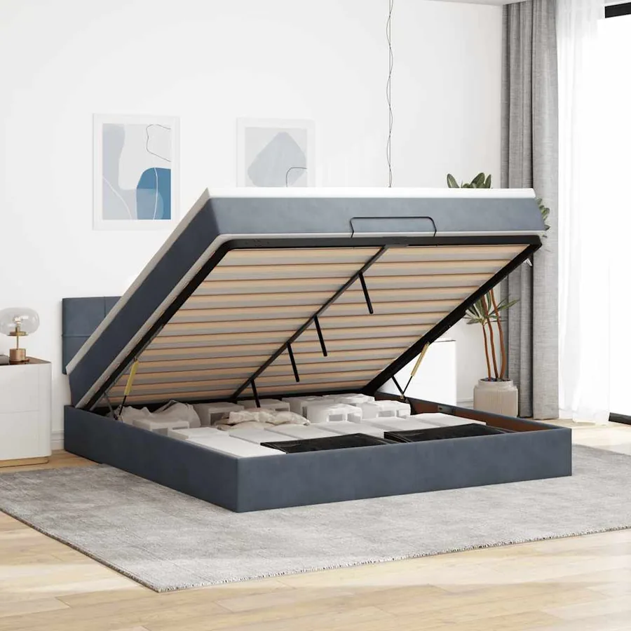 Cadre de lit ottoman avec matelas gris foncé 160x200 cm velours