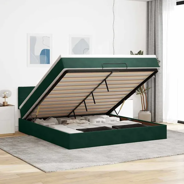 Cadre de lit ottoman avec matelas vert foncé 160x200 cm velours