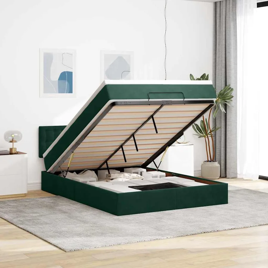 Cadre de lit ottoman avec matelas vert foncé 140x200 cm velours