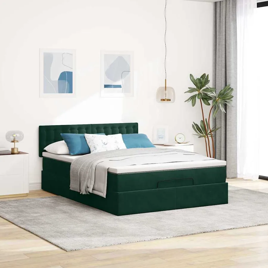 Cadre de lit ottoman avec matelas vert foncé 140x200 cm velours - 3