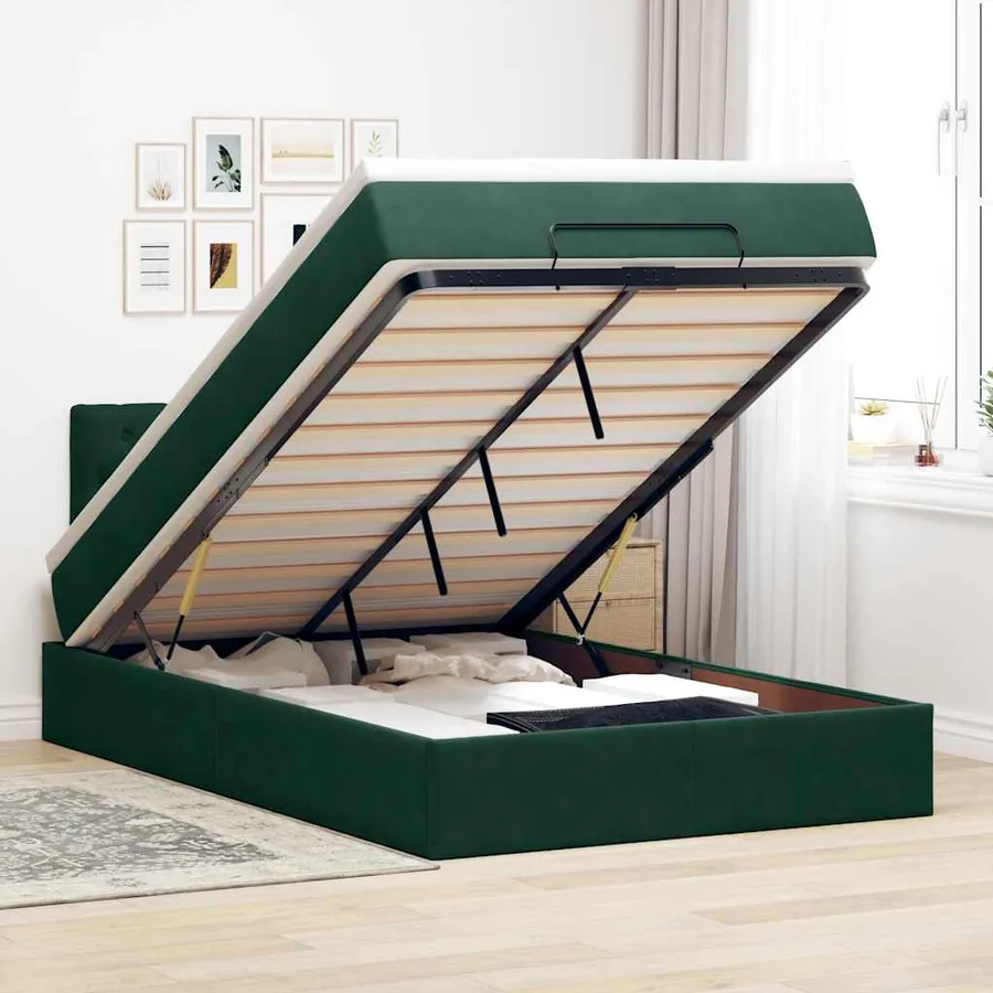 Cadre de lit ottoman avec matelas vert foncé 120x200 cm velours