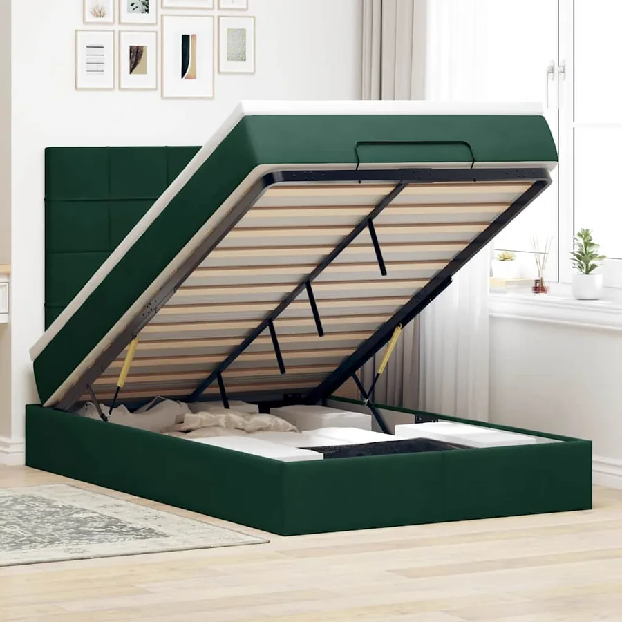 Cadre de lit ottoman avec matelas vert foncé 120x200 cm velours