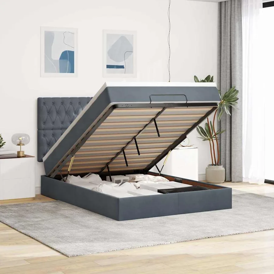 Cadre de lit ottoman avec matelas gris foncé 140x190 cm velours