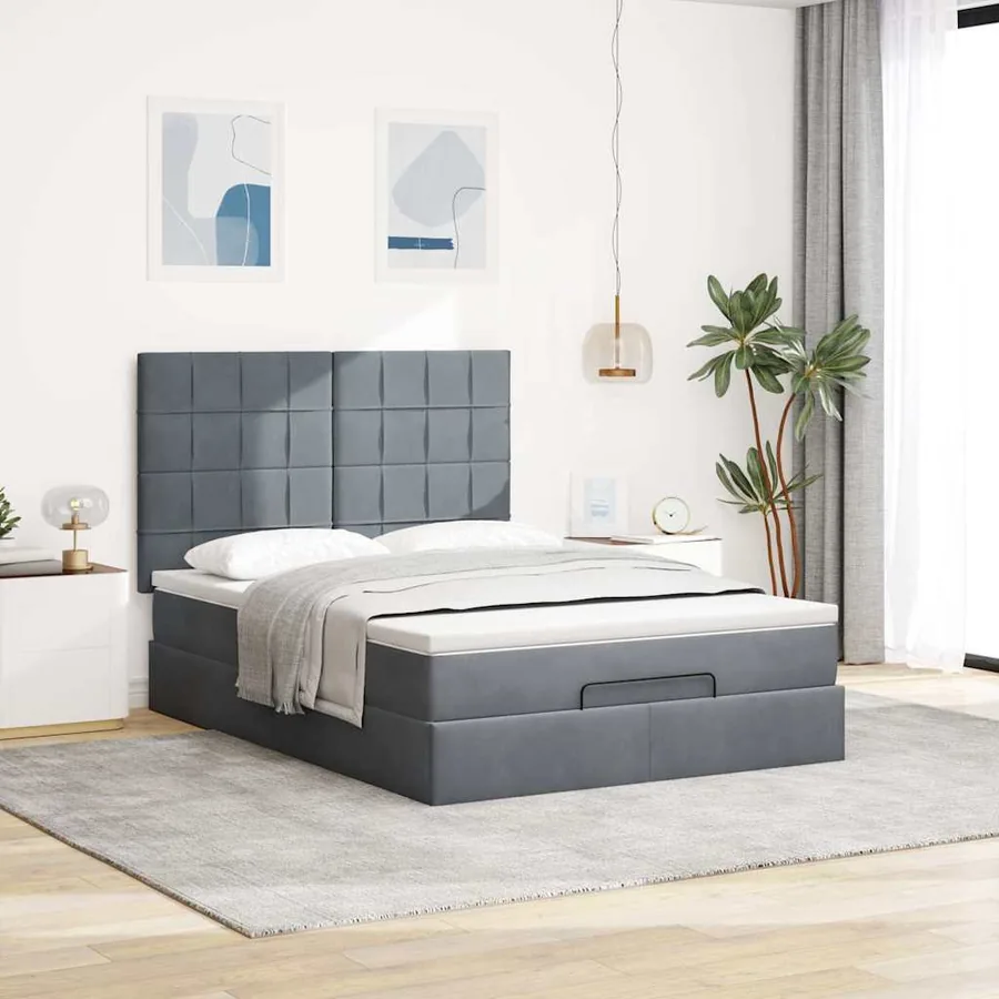 Cadre de lit ottoman avec matelas gris foncé 140x190 cm velours - 3