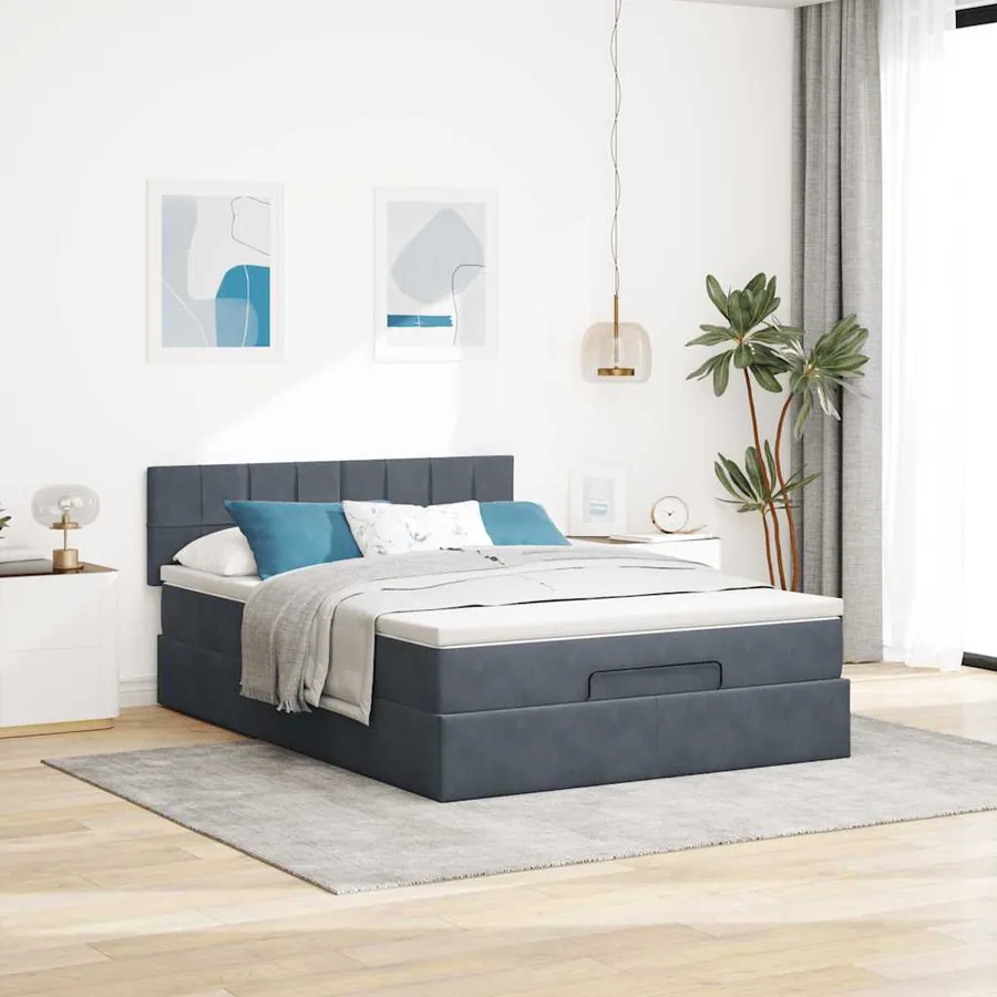 Cadre de lit ottoman avec matelas gris foncé 140x190 cm velours - 4