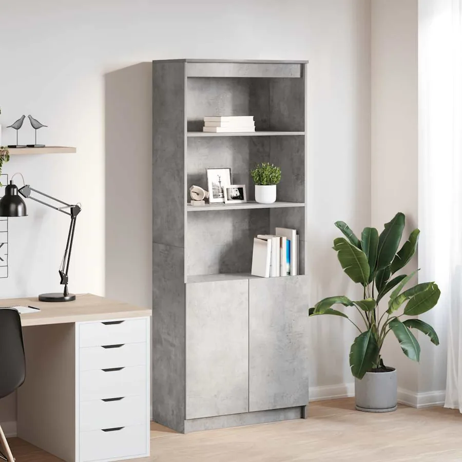 Buffet haut gris béton 70x35x180 cm bois d'ingénierie