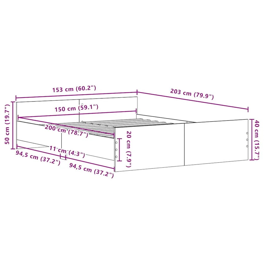 Cadre de lit sans matelas en chêne noir 150x200 cm bois d'ingénierie - 11