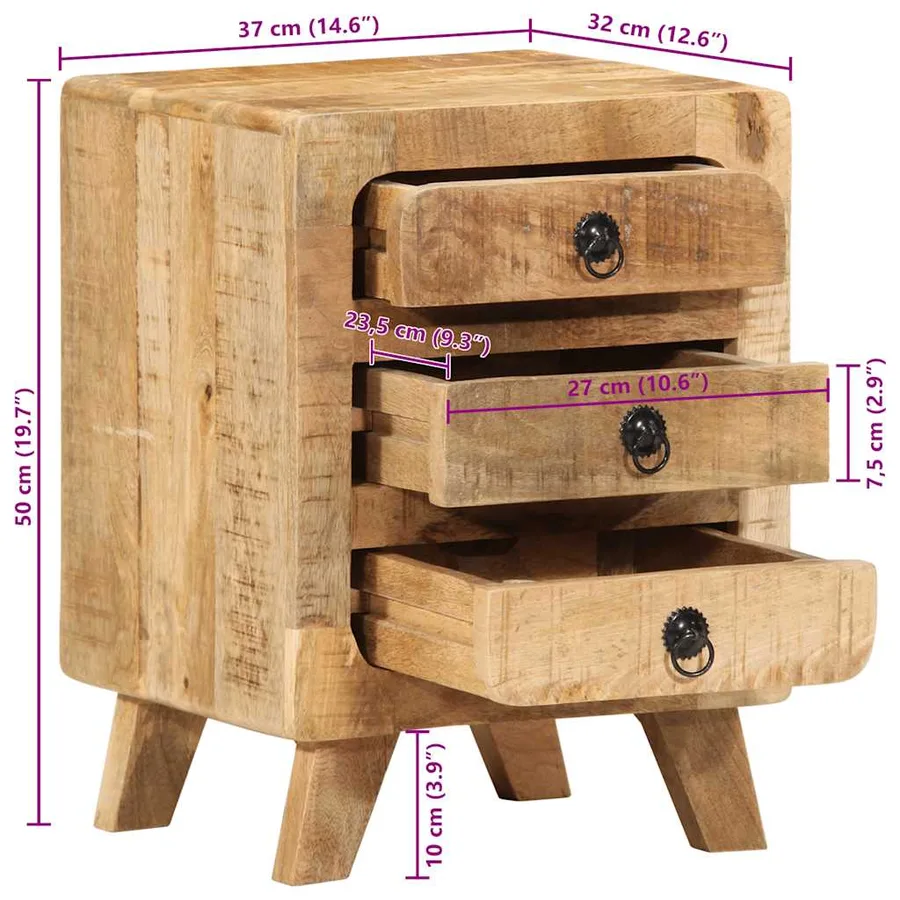 Table de chevet 2 pcs 37x32x50 cm bois massif de manguier brut - 11