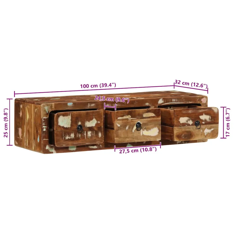 Meuble TV mural 100x32x25 cm bois massif de récupération - 10