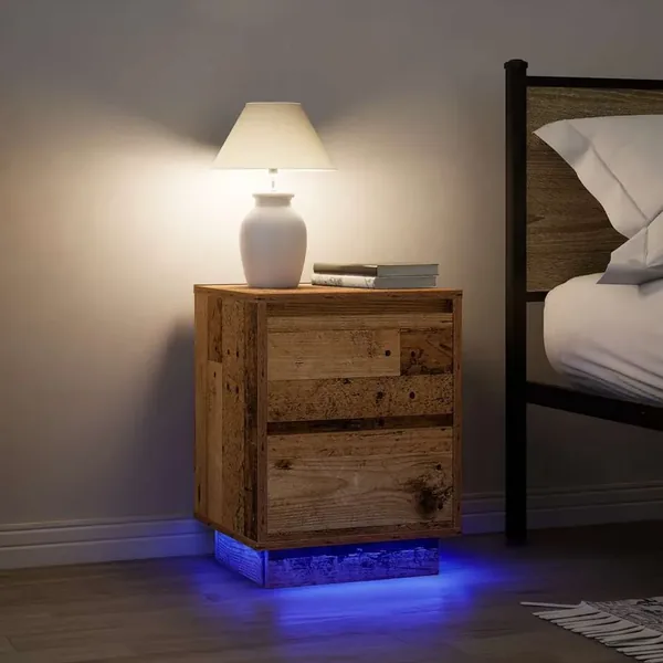 Tables de chevet avec lumières LED 2pcs vieux bois 38x34x50 cm
