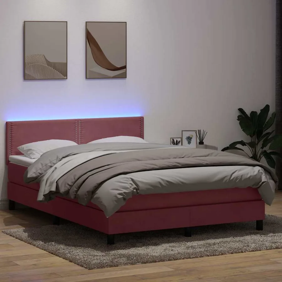 Sommier à lattes de lit avec matelas et LED rose 160x220 cm velours