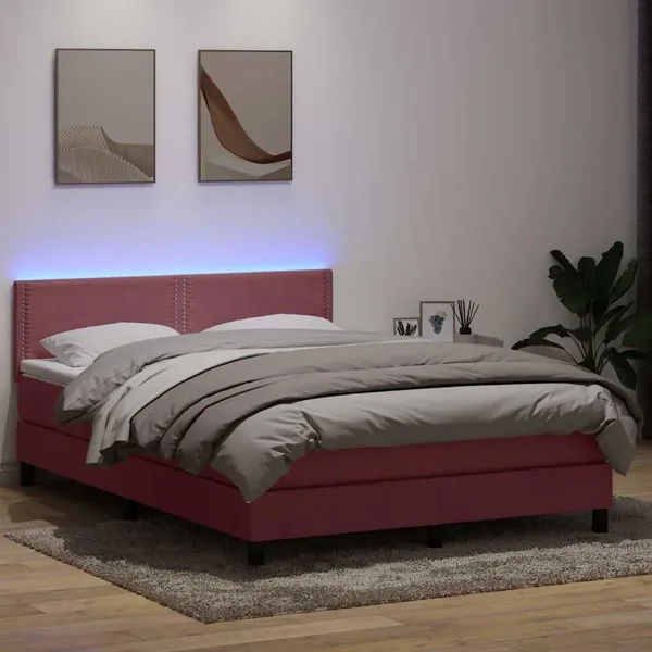 Sommier à lattes de lit avec matelas et LED rose 160x220 cm velours