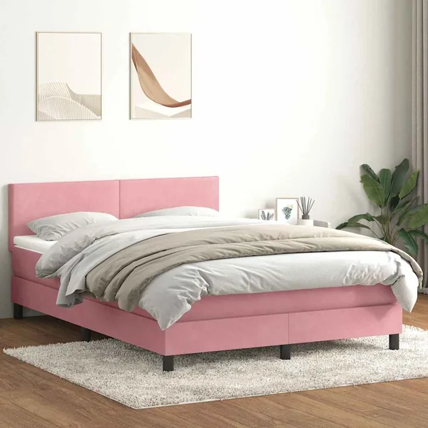 Sommier à lattes de lit avec matelas et LED rose 140x220 cm velours