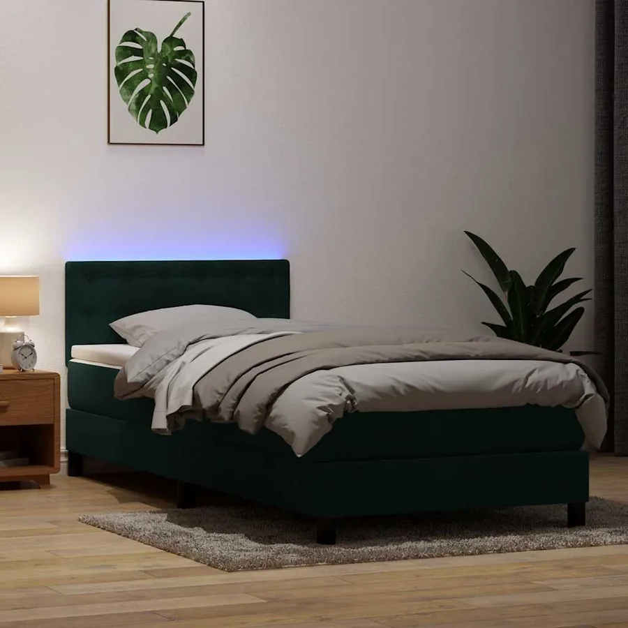 Sommier à lattes de lit et matelas et LED vert foncé 100x220cm velours