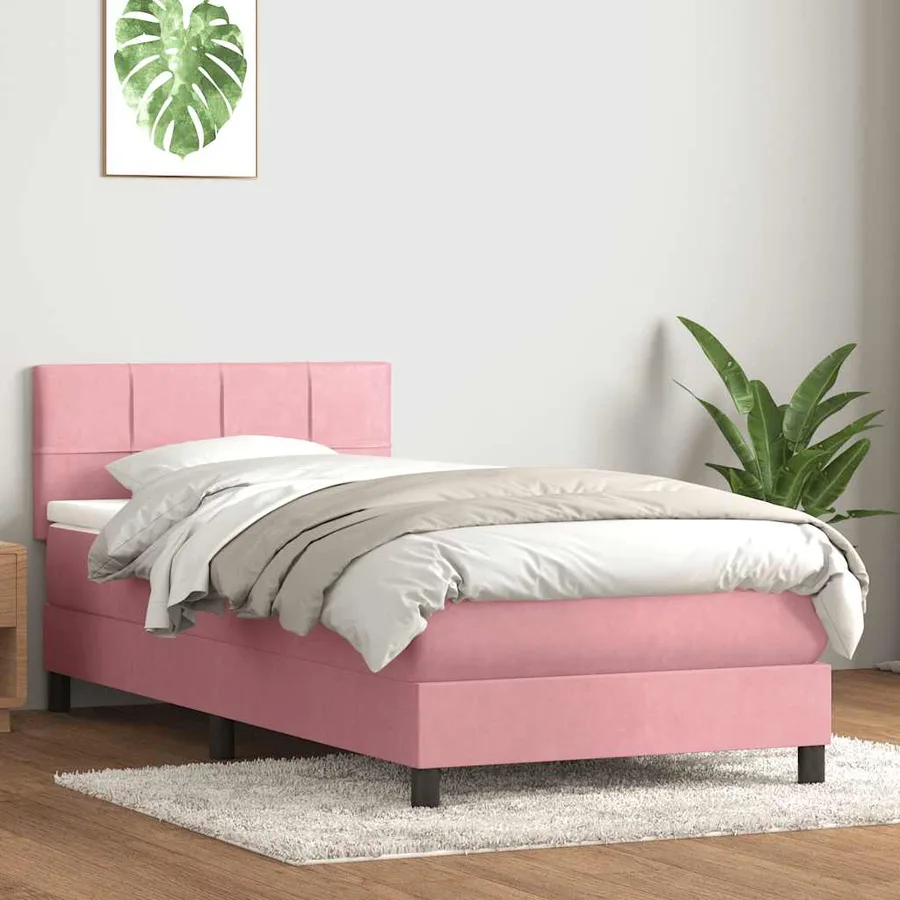 Sommier à lattes de lit avec matelas et LED rose 100x220 cm velours - 4