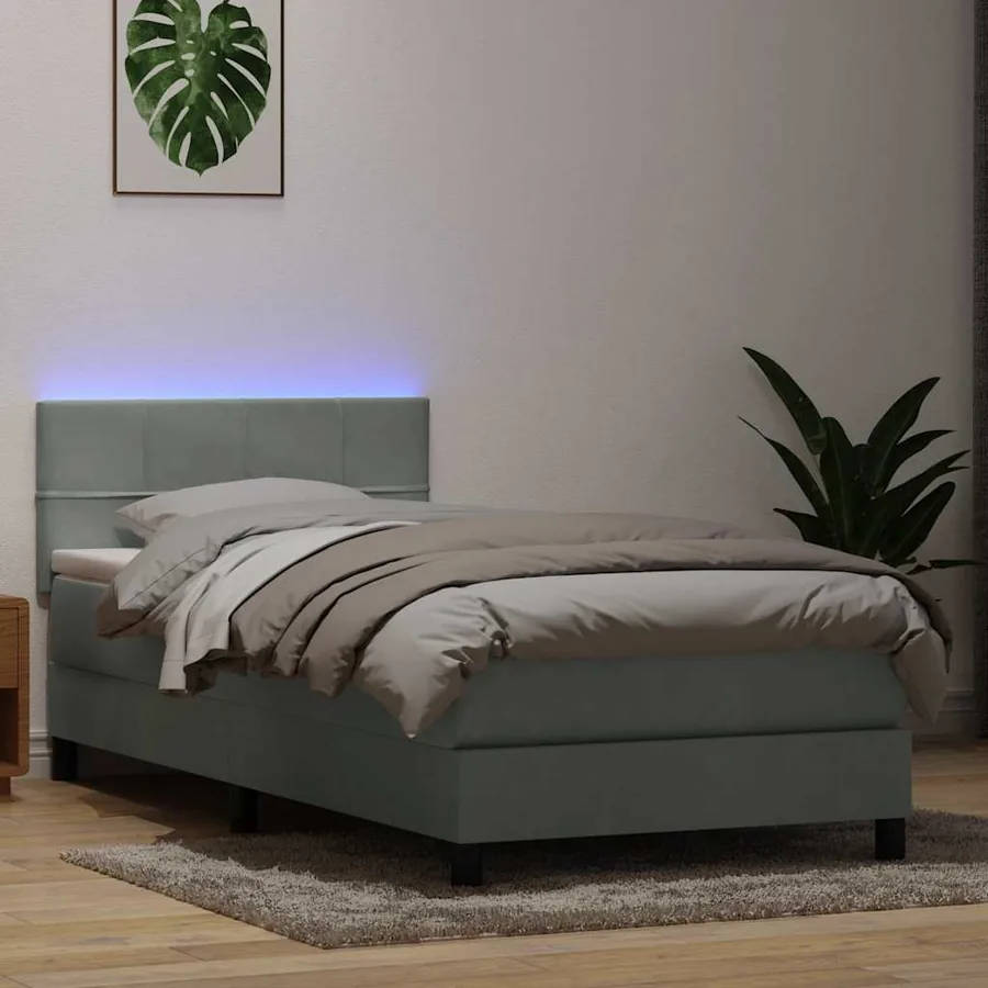 Sommier à lattes de lit et matelas et LED gris clair 100x220cm velours