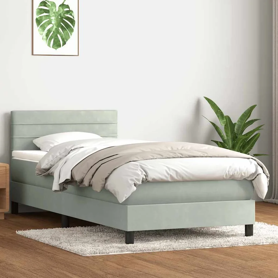 Sommier à lattes de lit et matelas gris clair 100x210cm velours