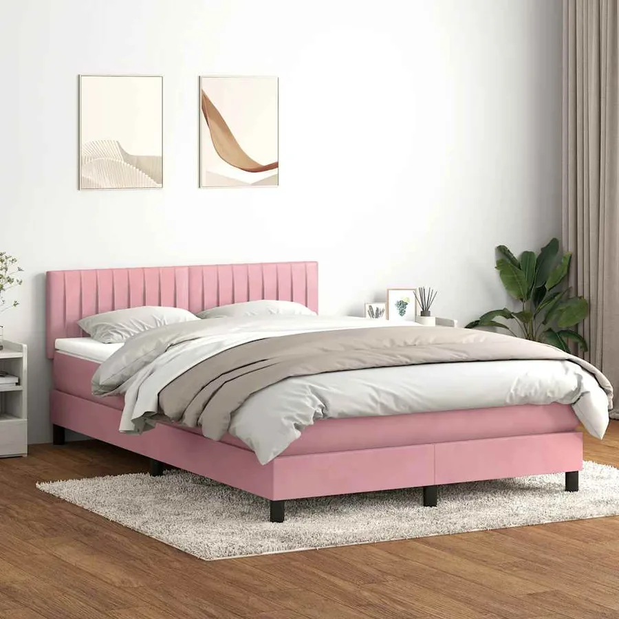 Sommier à lattes de lit avec matelas rose 140x210 cm velours - 3