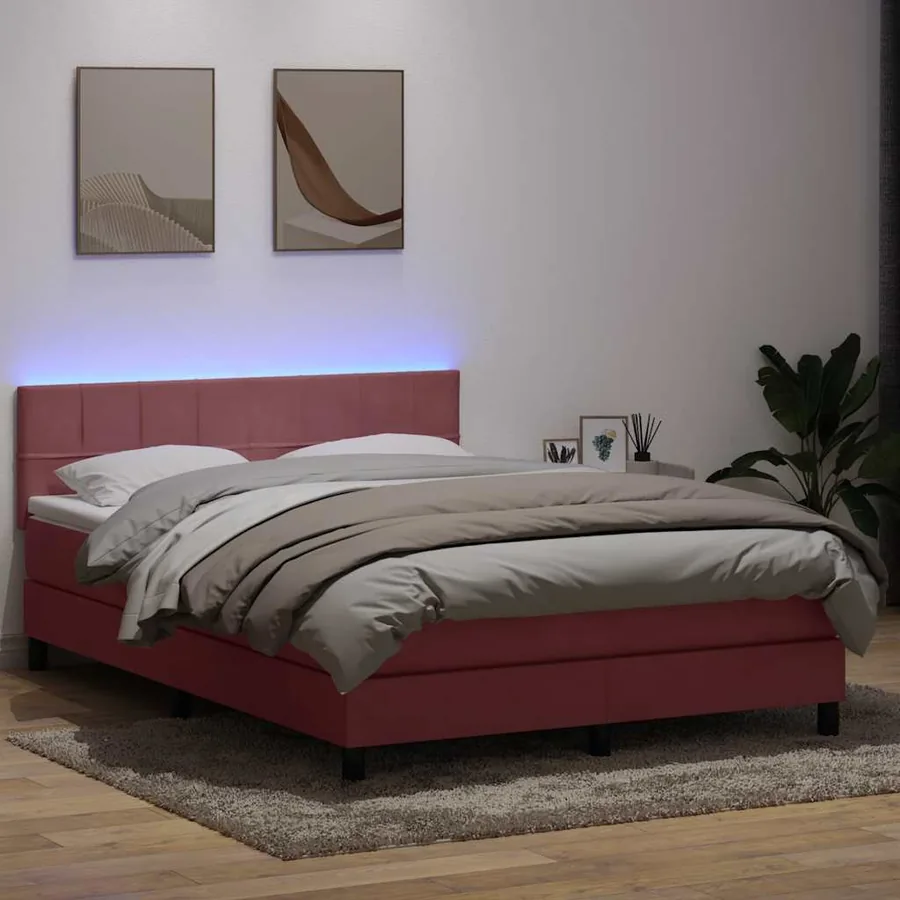 Sommier à lattes de lit avec matelas et LED rose 140x210 cm velours