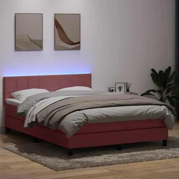 Sommier à lattes de lit avec matelas et LED rose 140x210 cm velours