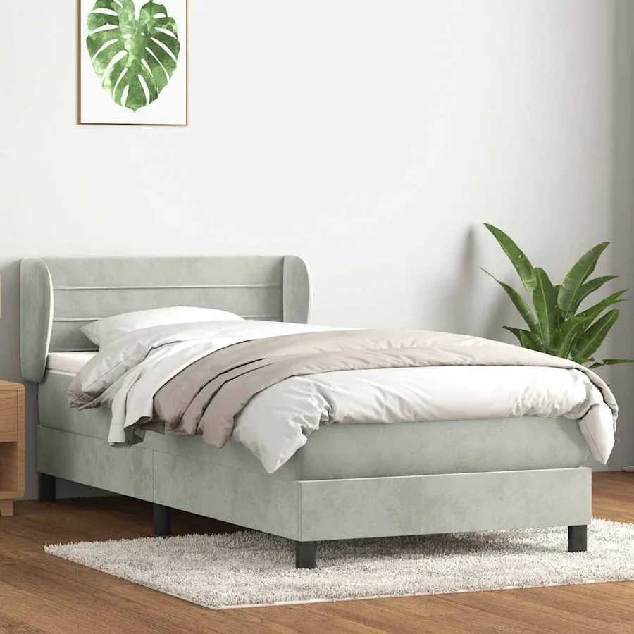 Sommier à lattes de lit et matelas gris clair 100x210cm velours