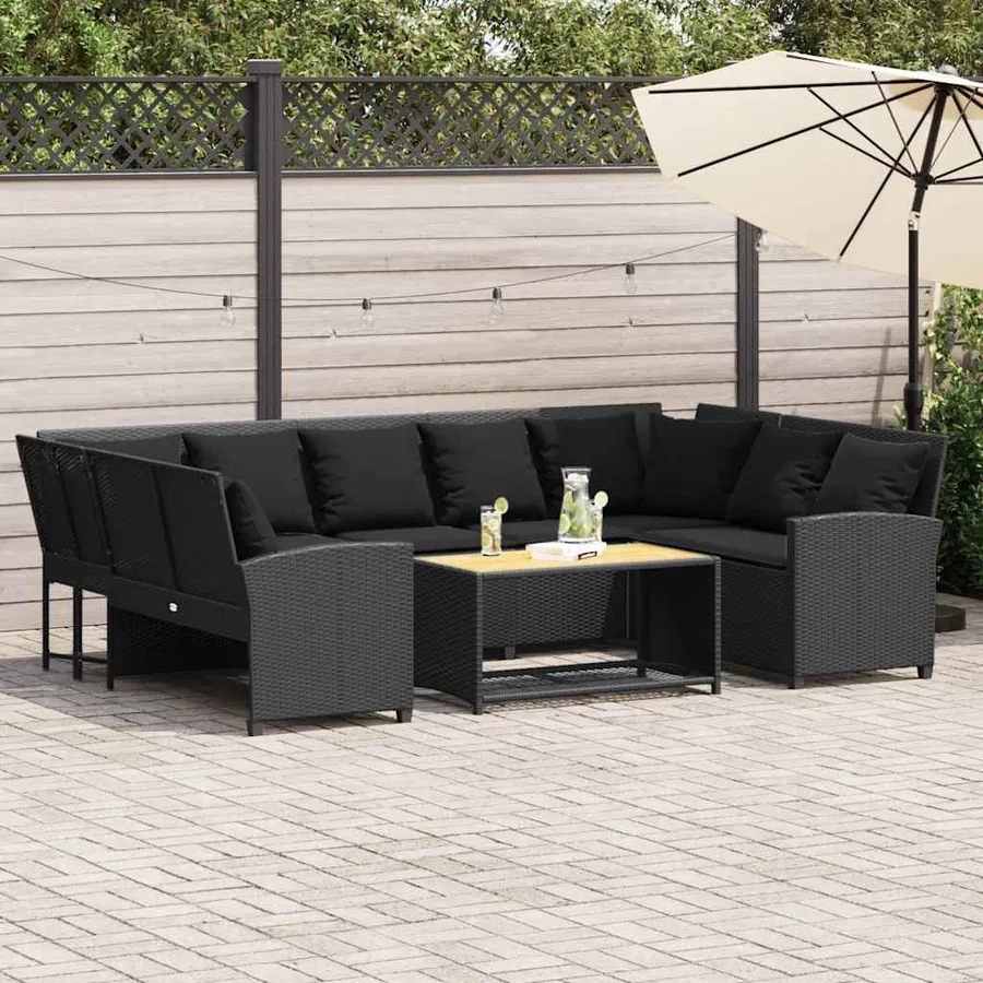 Canapé de jardin avec coussins Noir Résine tressée
