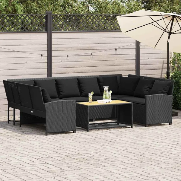 Canapé de jardin avec coussins Noir Résine tressée