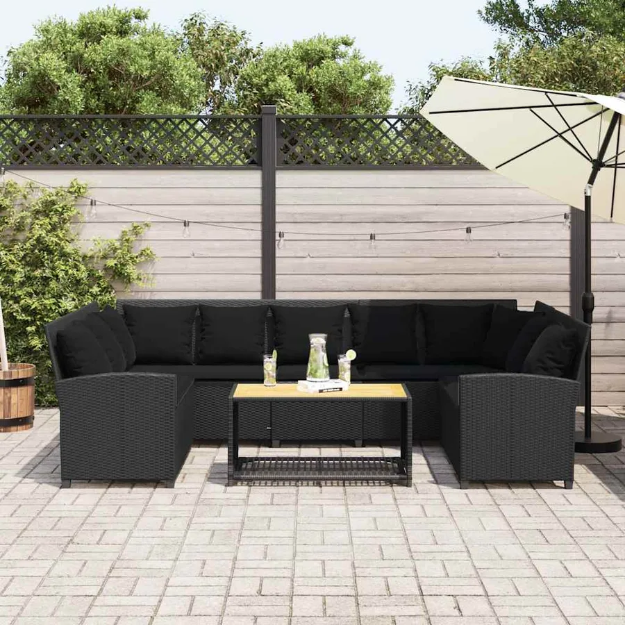 Canapé de jardin avec coussins Noir Résine tressée - 3