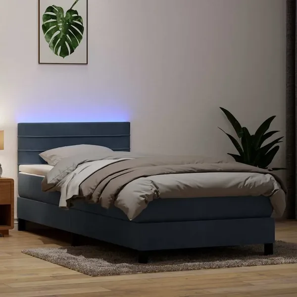 Sommier à lattes de lit et matelas et LED gris foncé 80x220 cm velours