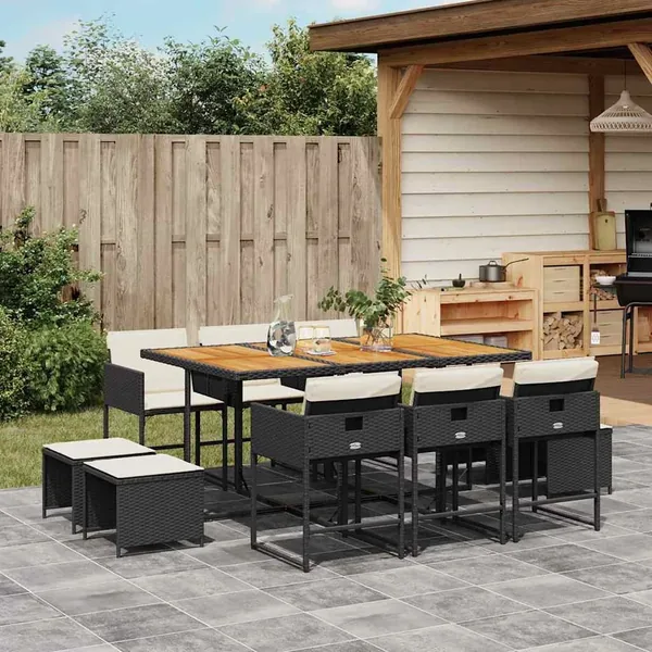 Ensemble à manger de jardin 11 pcs coussins noir résine tressée