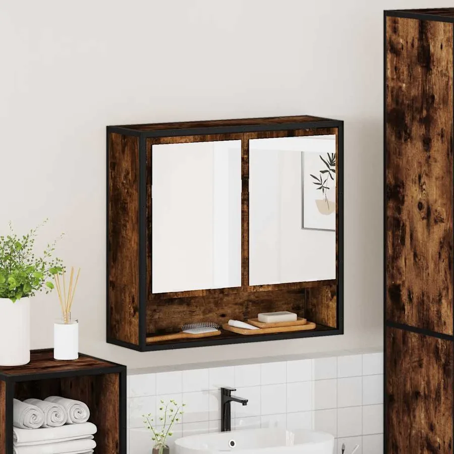Armoire à miroir de salle de bain chêne fumé bois d’ingénierie - 4
