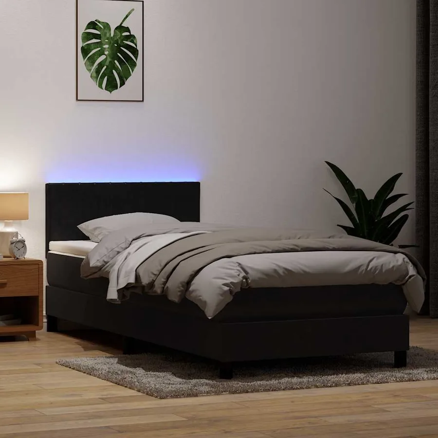 Sommier à lattes de lit avec matelas et LED noir 100x210 cm velours