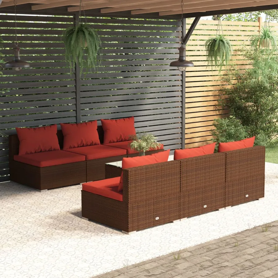 Salon de jardin 7 pcs avec coussins Résine tressée Marron